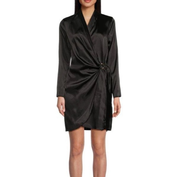 TASH + SOPHIE Elegant Black Satin Faux Wrap Dress Made in USA Size S - Picture 1 of 9